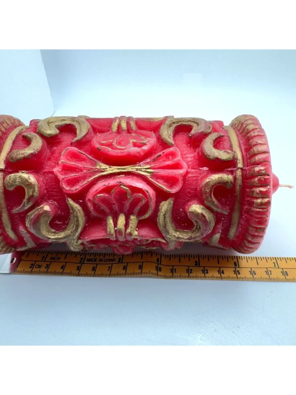 Red & Gold Floral Carved Christmas Candle Decorative Holiday 7.5